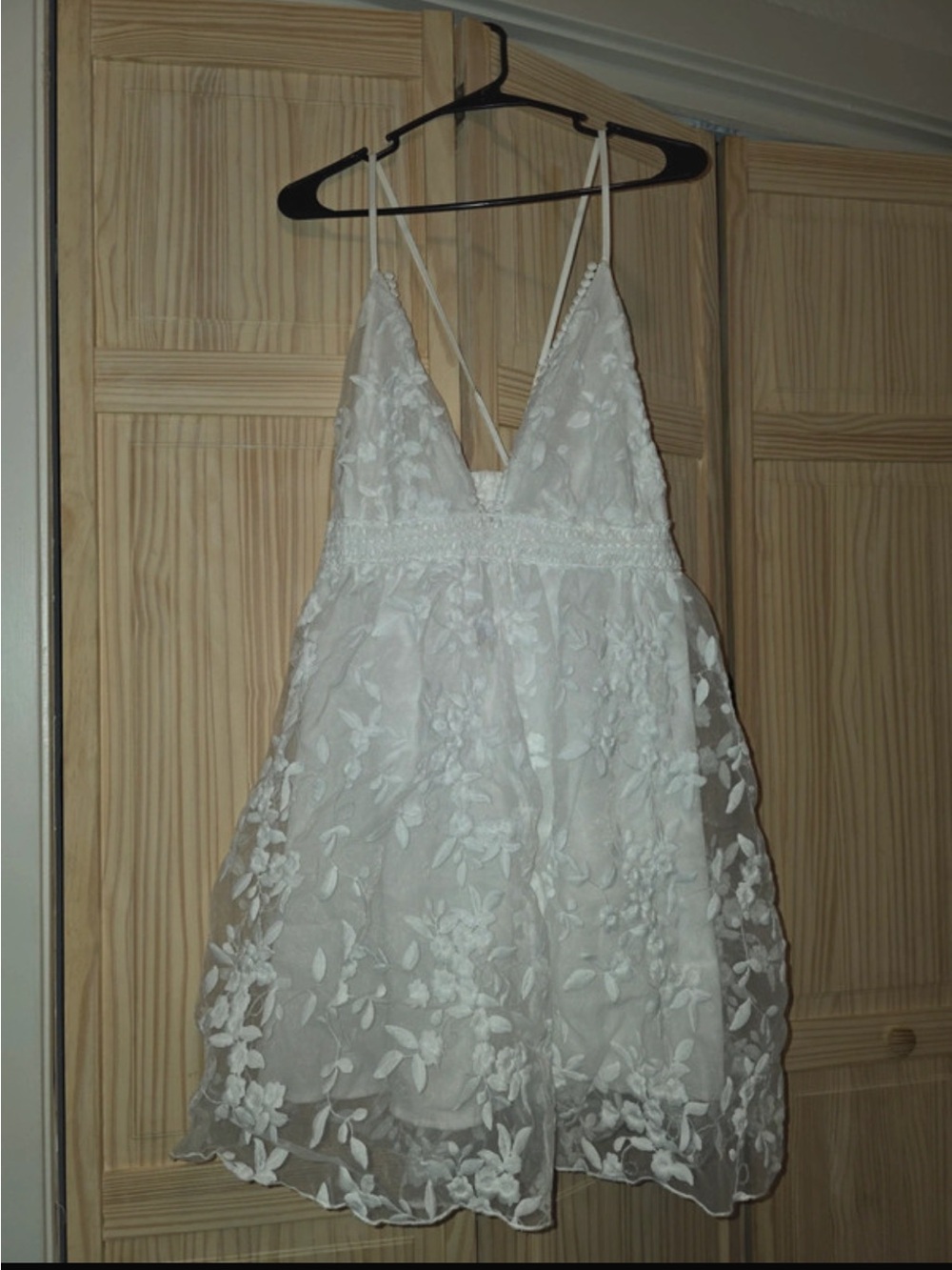 SHEIN White Floral Lace Mini Dress with Spaghetti Straps